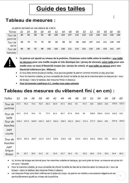 Guide des tailles pour Robe/Top "Limurine" du 32 au 60; patron de couture pdf à télécharger. Indications pour ajuster la taille.