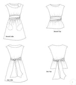 Patron de couture PDF à télécharger pour Robe/Top "Mookie" du 32 au 56, avec détails de ceinture et choix d'encolures.