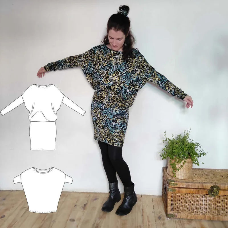 Femme portant la robe/top "Zanka" à encolure bateau, style ample avec jupe moulante, disponible du 32 au 56.