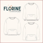 Patron PDF du sweat Florine, modèle sans chute, avec différentes finitions et poches. Tuto couture antigaspi.