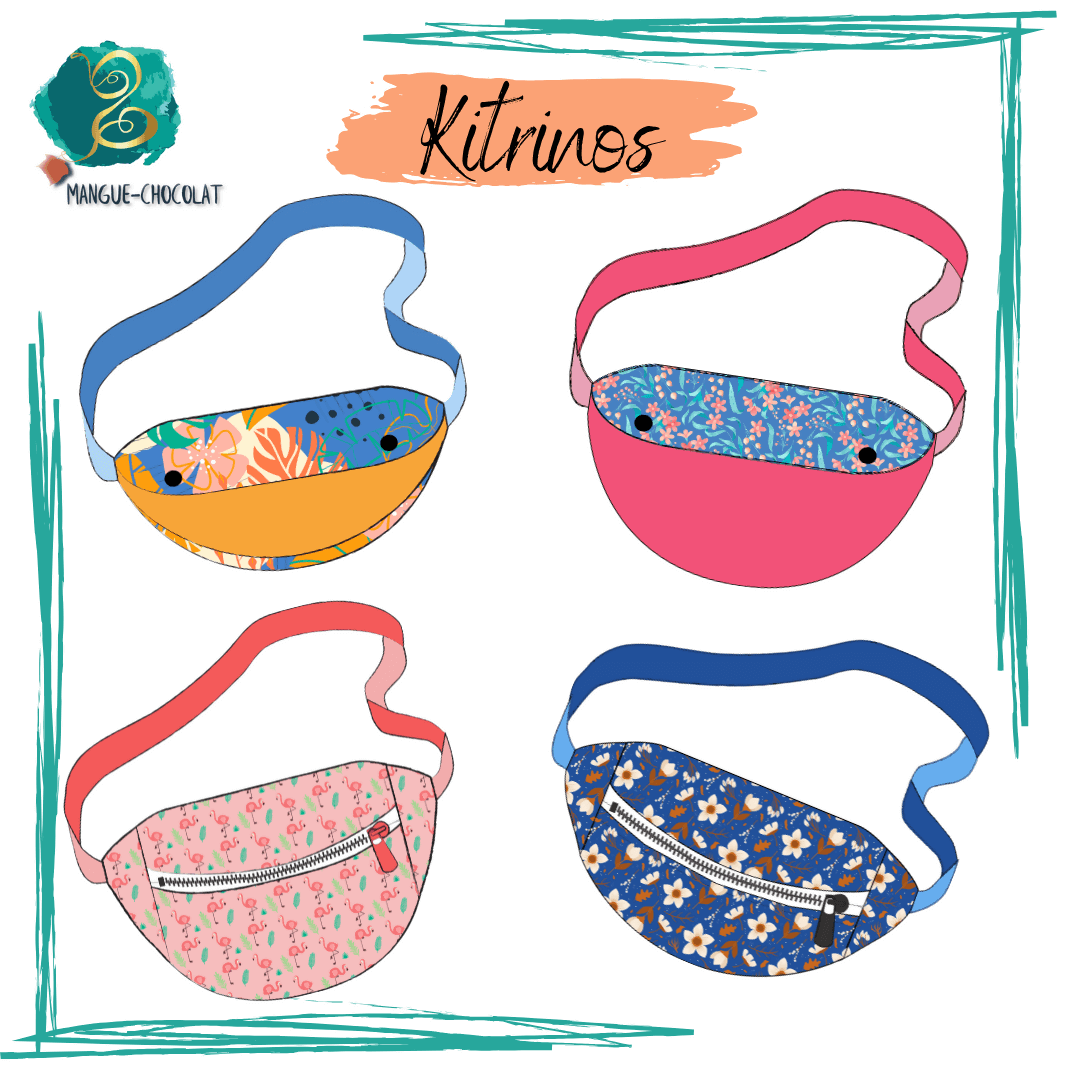 Sac Banane Kitrinos: quatre styles colorés et pratiques adaptés à tous, avec options de zip et rabat. Patron à télécharger.