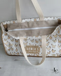 Patron PDF Sac cabas MARGARET, vue détail intérieur avec compartiments, toile coton motif poules, anses en coton écru