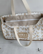 Patron PDF Sac cabas MARGARET, vue détail intérieur avec compartiments, toile coton motif poules, anses en coton écru