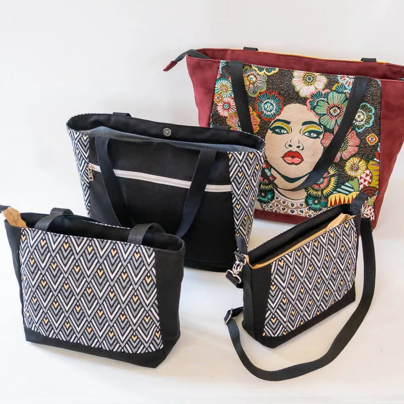Sac cabas et sac à main, 4 tailles – Cumin avec motifs variés, patron de couture pdf à télécharger, options de fermeture disponibles.
