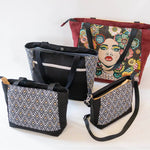 Sac cabas et sac à main, 4 tailles – Cumin avec motifs variés, patron de couture pdf à télécharger, options de fermeture disponibles.