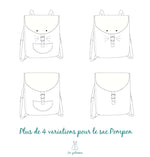 Illustration de variations du Sac à dos Pompon, patron de couture pdf à télécharger, adapté pour enfants et adultes.