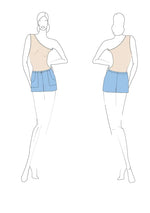 Illustration du patron de couture pdf à télécharger pour Shorts - S/XL - MELODY, vue avant et arrière, tailles S à XL.