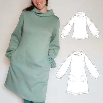 Sweat "Mapulin" du 32 au 60, patron de couture PDF à télécharger, robe cintrée avec manches bouffantes et col croisé.