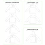 Illustration du "Sweat mixte, XS au 4XL, 2 statures – Anis" avec options de poches et capuche. Patron de couture PDF à télécharger.
