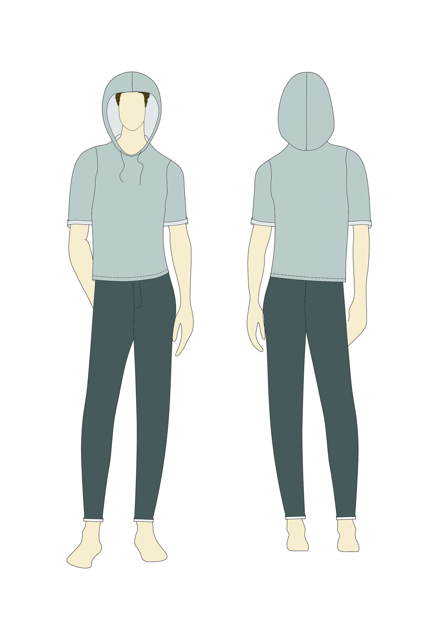 Illustration du T-shirt - S/XXL - MISTERO, patron de couture PDF à télécharger, niveau intermédiaire, tailles S à XXL, homme et femme.