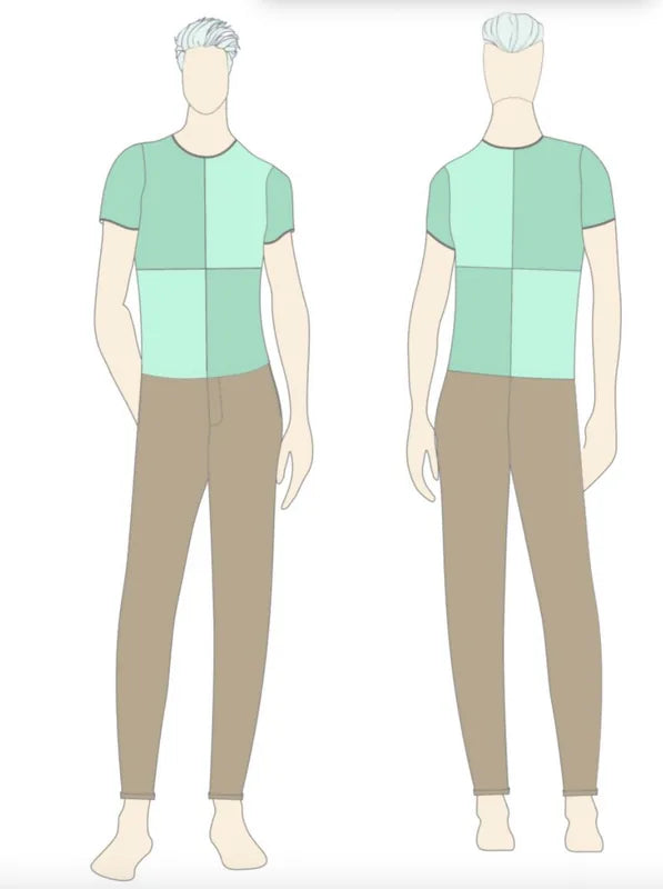 Illustration T-shirt homme du XXS au XXL - DOMINO, patron de couture pdf à télécharger, vue avant et arrière en couleurs pastel.