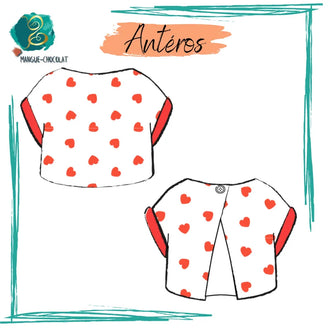 Top Antéros - T36 à 50 avec motif cœur rouge, patron de couture pdf à télécharger pour débutant, manches à revers et dos nu.