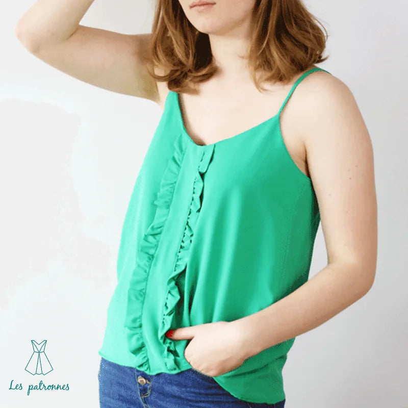 Top Klimt (facile) - Femme, débardeur vert avec volants, patron de couture pdf à télécharger pour une création rapide et féminine.