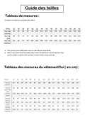 Tableau des tailles et mesures pour le top "Nouipa" du 32 au 60, adapté à la couture de vêtements.