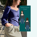 Top Touraco à manches longues, couture PDF, décolleté cœur et carré, taille 32 à 52, style féminin et élégant.