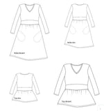 Patron de couture pdf à télécharger pour Top/Robe "Leonfe" du 32 au 56 avec encolure en V, ceinture incorporée et basque froncée.