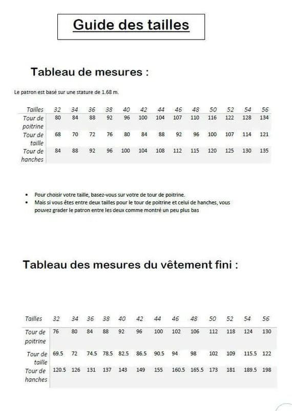 Guide des tailles pour Top/Robe "Leonfe" du 32 au 56, patron de couture pdf à télécharger. Mesures de tour de poitrine et hanches.