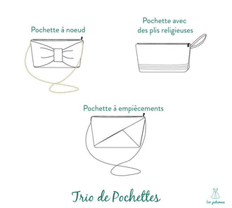 Patron de couture Trio de pochettes avec nœud décoratif, plis religieuses et empiècements géométriques. PDF à télécharger.