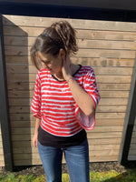VANOU - Top pour femmes du 34 au 54, rouge à rayures, manches kimono, patron de couture pdf à télécharger, facile à coudre.