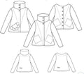 Illustration du patron de couture pdf à télécharger pour la Veste "Camur" du 32 au 60, montrant les différentes vues et détails du design.