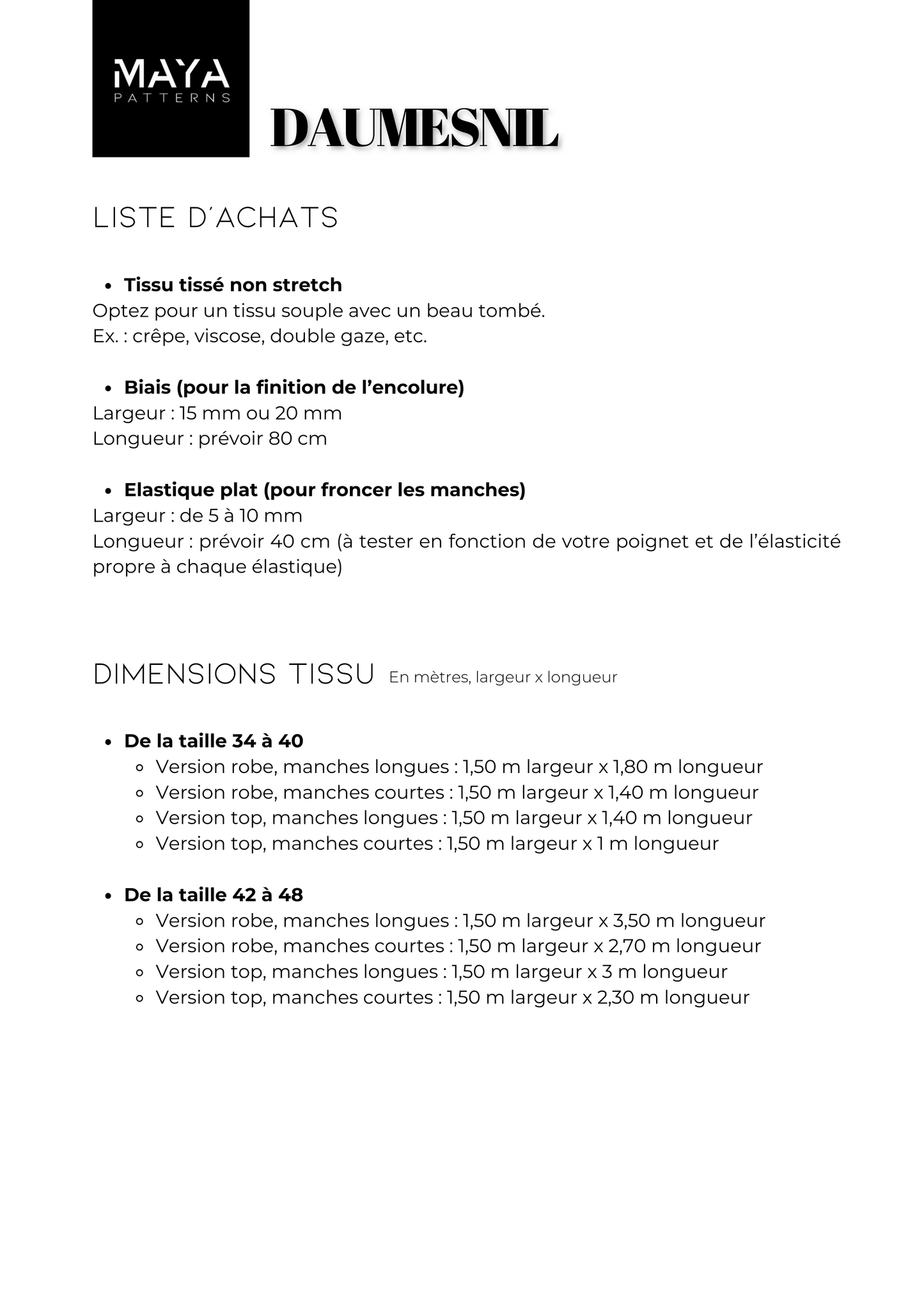 Liste d'achats et dimensions pour le patron PDF de la robe ou top DAUMESNIL de Maya Patterns.