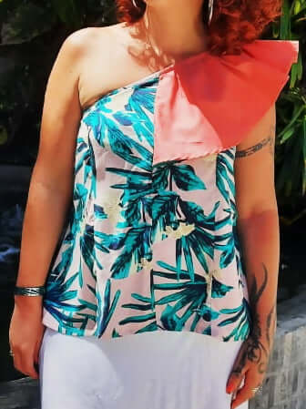 Blouse asymétrique colorée avec volant, modèle en tissu tropical, style décontracté, taille 36 à 50.