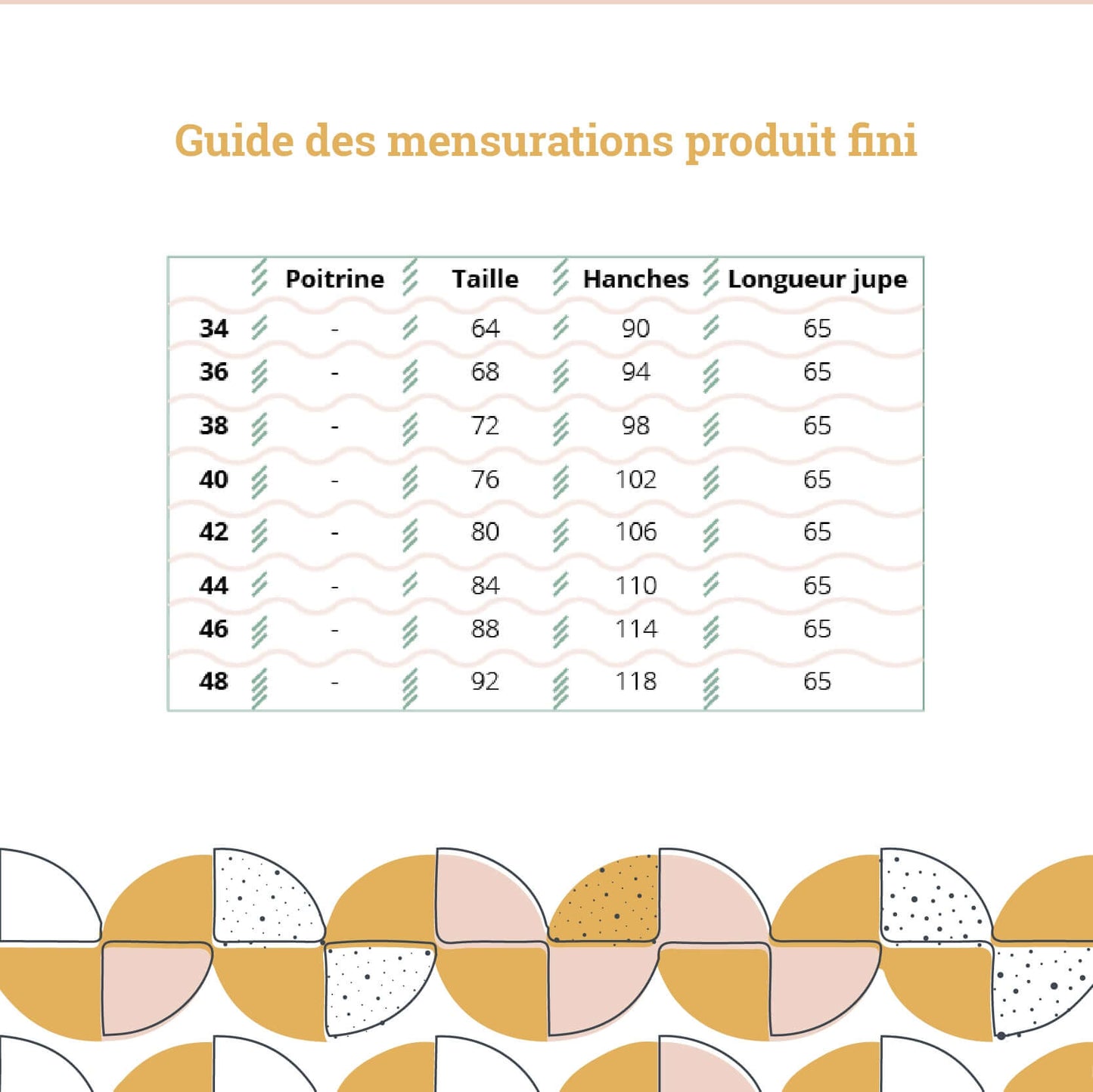 Guide des mensurations Jupe L'Ambitieuse tailles 34 à 48 avec mesures poitrine, taille, hanches et longueur jupe.