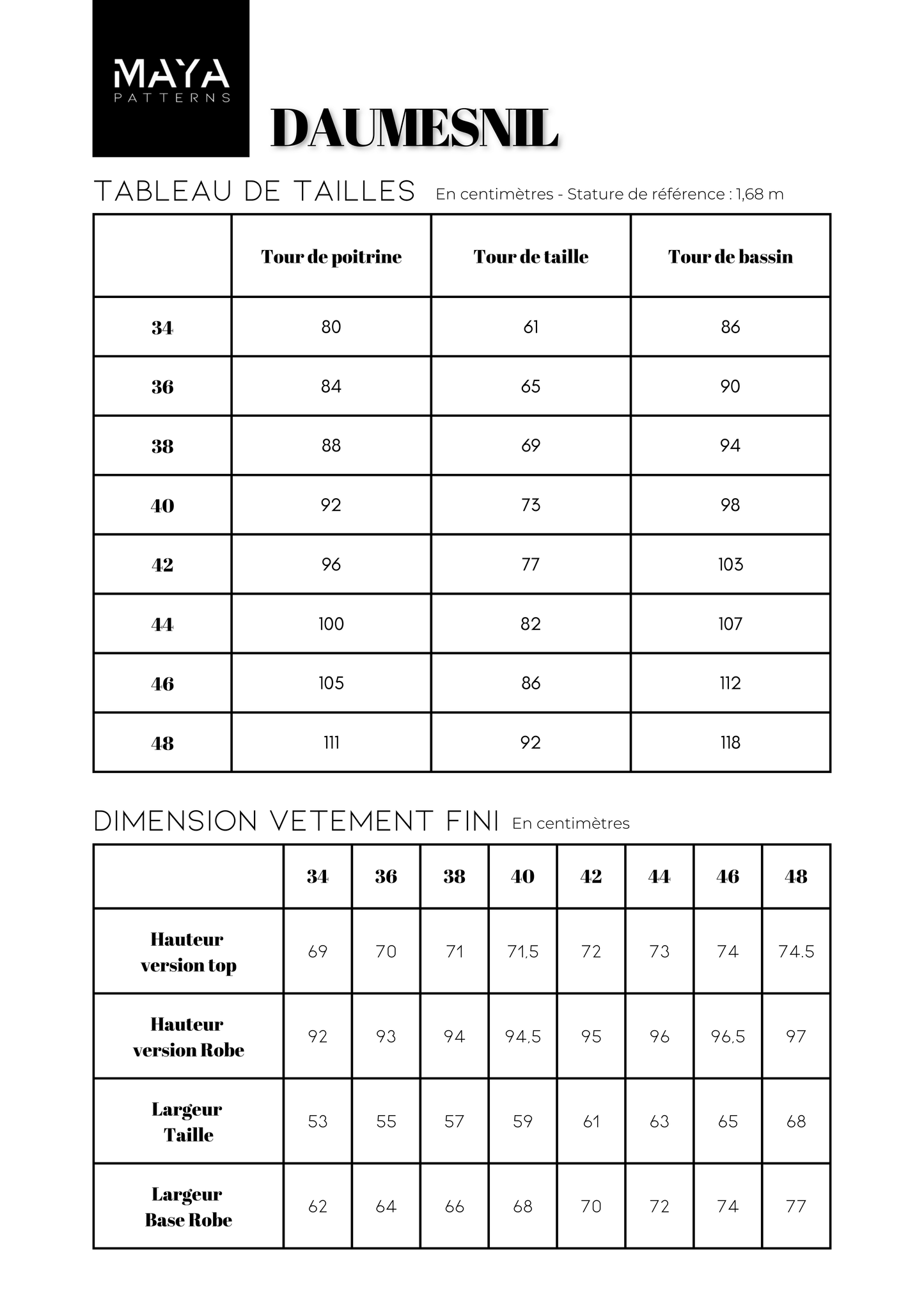 Tableau des tailles pour le patron PDF DAUMESNIL, indiquant les mesures pour robe et top en cm.