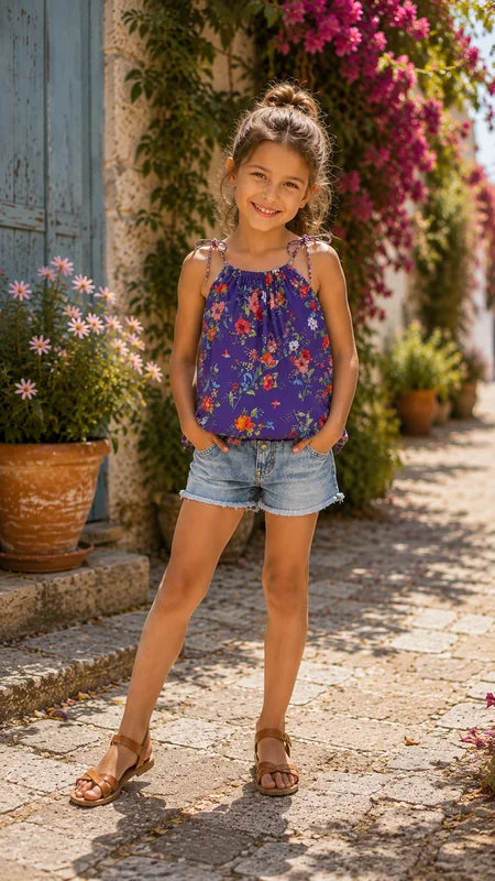 Blouse Mimolette Enfant portée, vue supplémentaire, tissu léger avec fronces et bretelles — Patron PDF couture 18 mois à 14 ans à télécharger