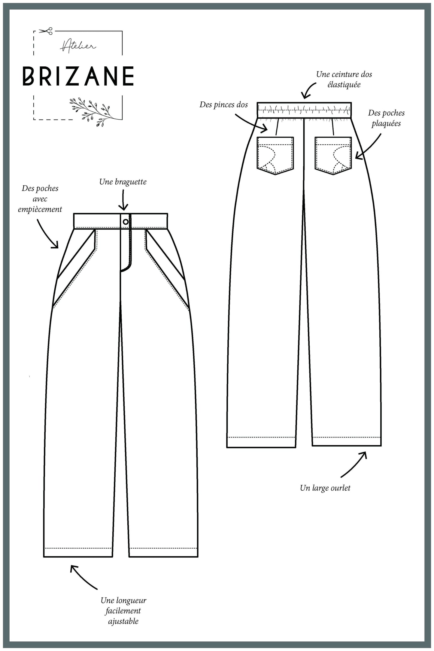 Schéma technique du pantalon Brizane : poches, ceinture élastiquée et longueur ajustable.