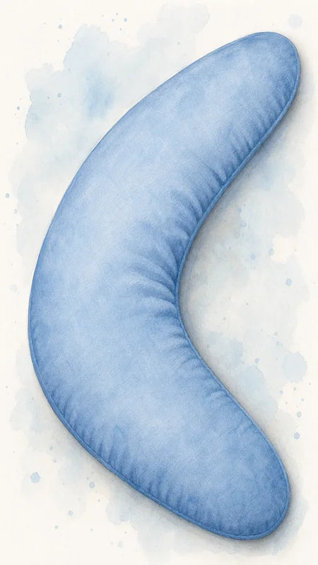 Coussin d'allaitement en forme de croissant bleu en piqué de coton à coudre soi-même avec fermeture à glissière — patron de couture PDF gratuit à télécharger