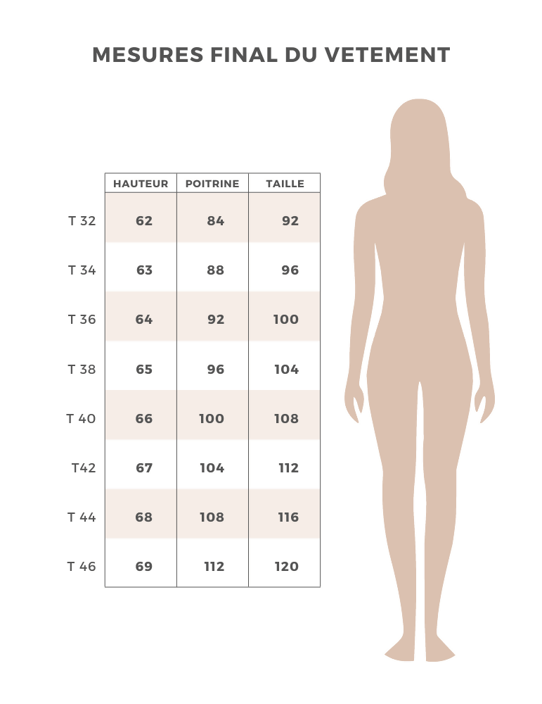 Tableau des mesures finales du vêtement pour le débardeur Cara, indiquant taille, poitrine et hauteur.