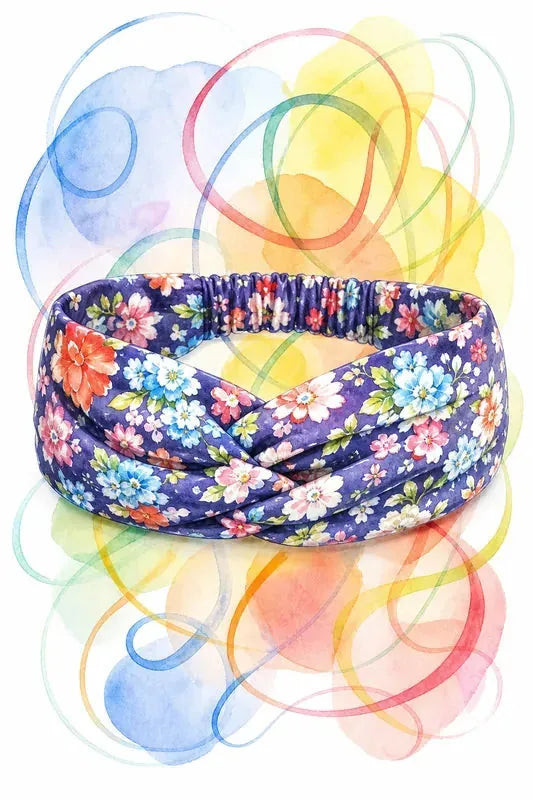 Headband classique en tissu floral bleu avec torsade devant, patron PDF gratuit.