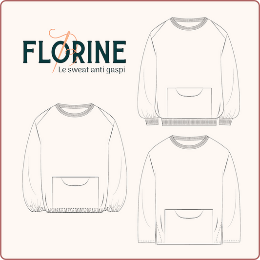 Patron PDF du sweat Florine, modèle sans chute, avec différentes finitions et poches. Tuto couture antigaspi.