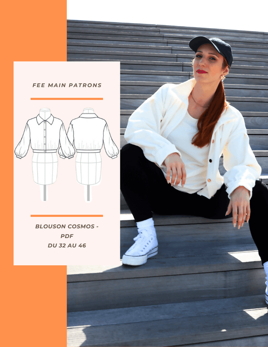 Modèle du blouson Cosmos, style décontracté et chic, disponible en PDF, tailles 32 à 46 pour personnalisation en couture.