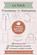Visuel bundle trousseau de naissance avec 8 patrons couture bébé PDF : gigoteuse, body, bloomer, legging, sac à langer, tapis de jeu et matelas nomade, vidéos pas à pas incluses.