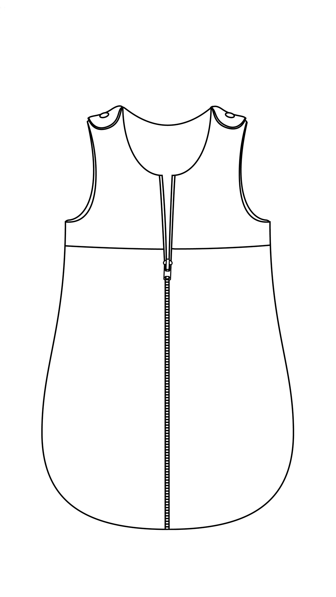 Illustration de la gigoteuse avec ouverture centrale, modèle PDF pour bébés et enfants, 4 tailles, livret en couleurs inclus.