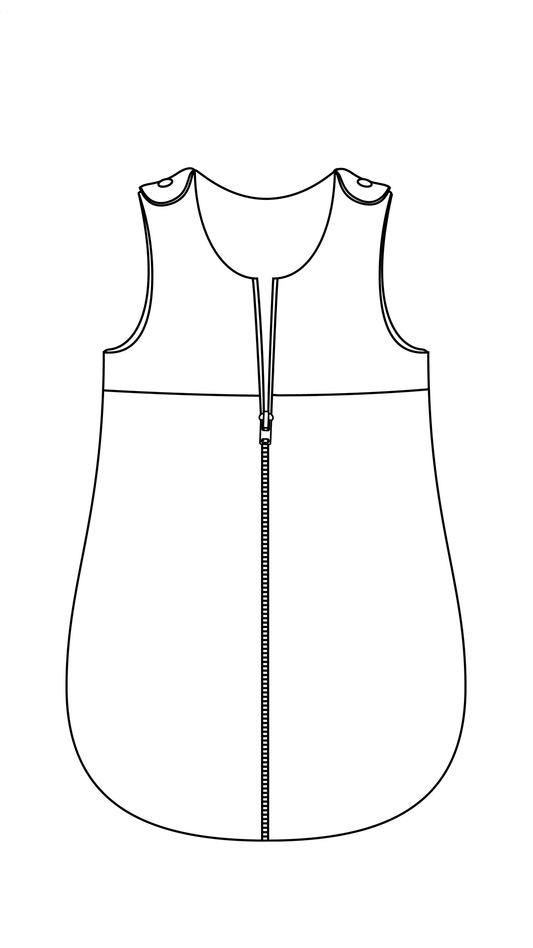 Illustration de la gigoteuse avec ouverture centrale, modèle PDF pour bébés et enfants, 4 tailles, livret en couleurs inclus.