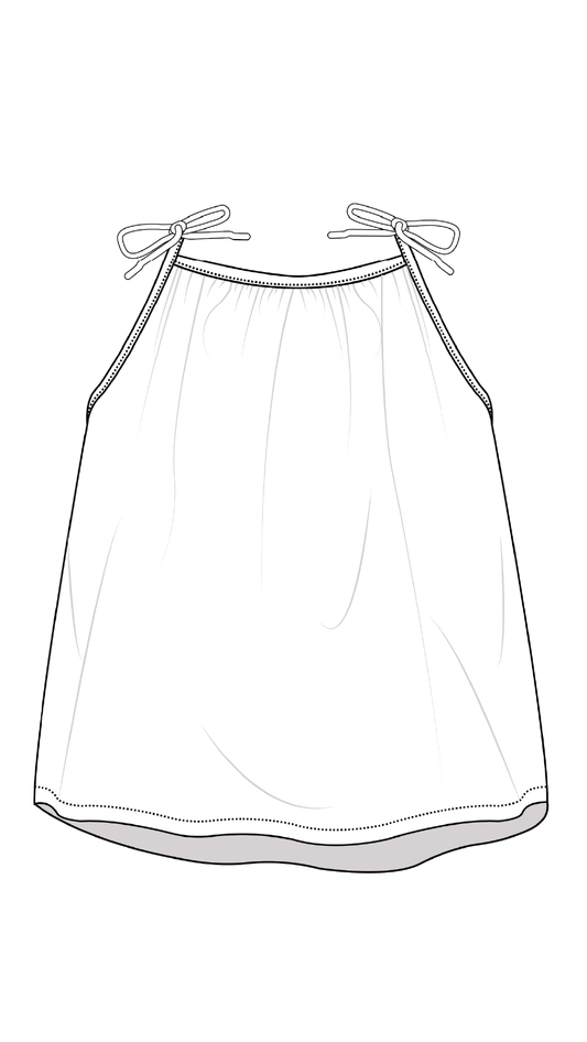 Dessin technique de la Blouse Mimolette, modèle PDF pour enfants en 10 tailles, avec explications et formats A4 et A0.