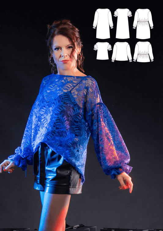 Modèle de robe ou top DAUMESNIL en dentelle bleue, avec options de couture à manches longues ou courtes.