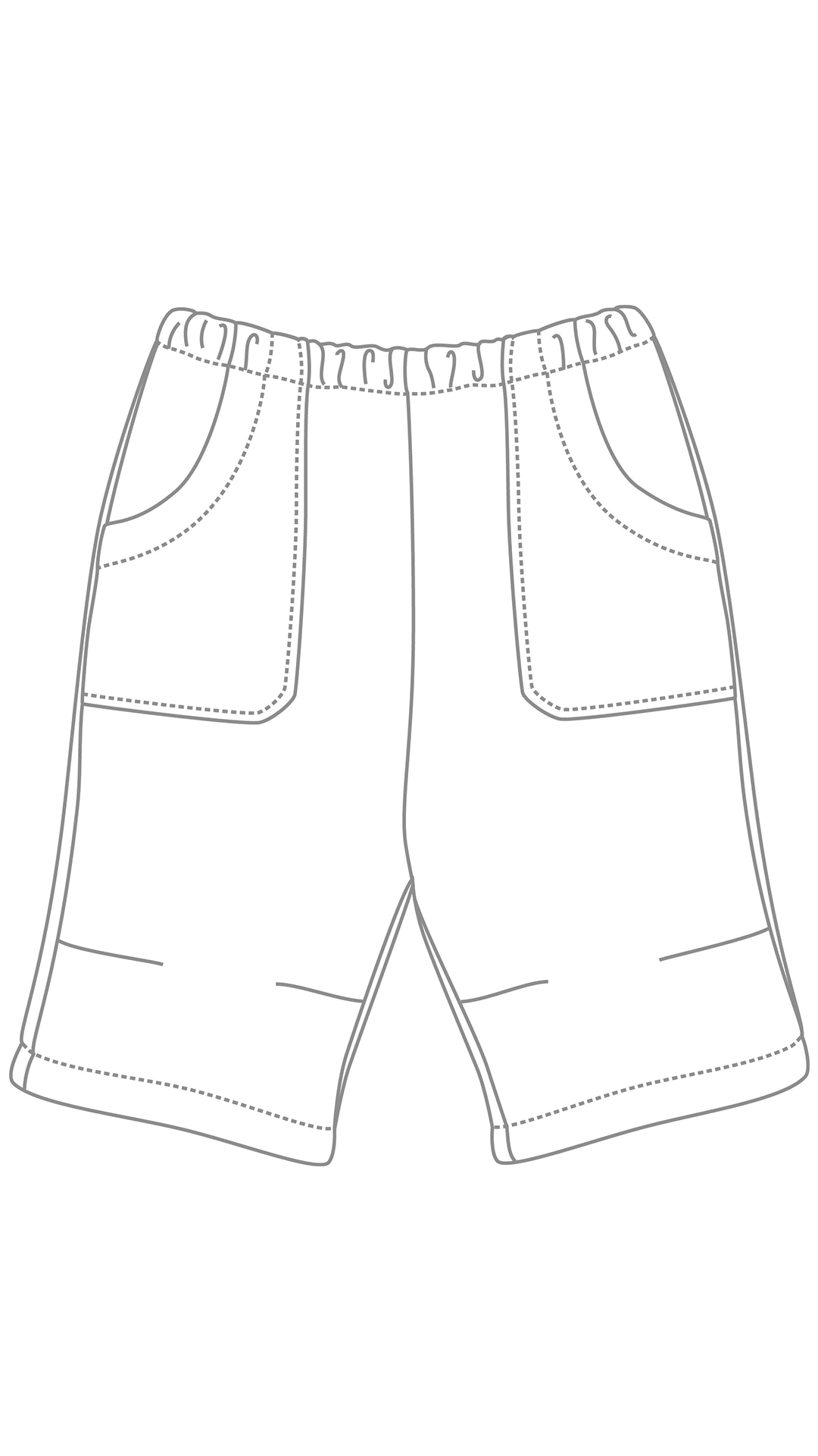Schéma du modèle PDF de short-bermuda mixte pour enfants, tailles 90 à 120 cm, facile à coudre, pour filles et garçons.