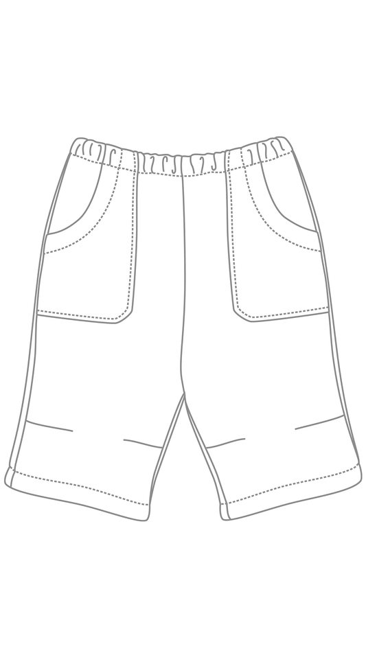Schéma du modèle PDF de short-bermuda mixte pour enfants, tailles 90 à 120 cm, facile à coudre, pour filles et garçons.