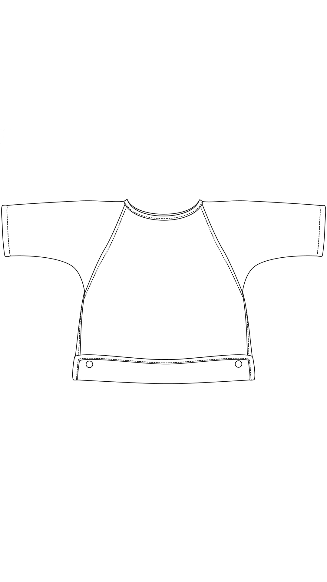 Croquis d'un tablier pour enfants, modèle PDF avec rabat pour retenir miettes, tailles 0 à 3 ans, idéal pour repas et activités.