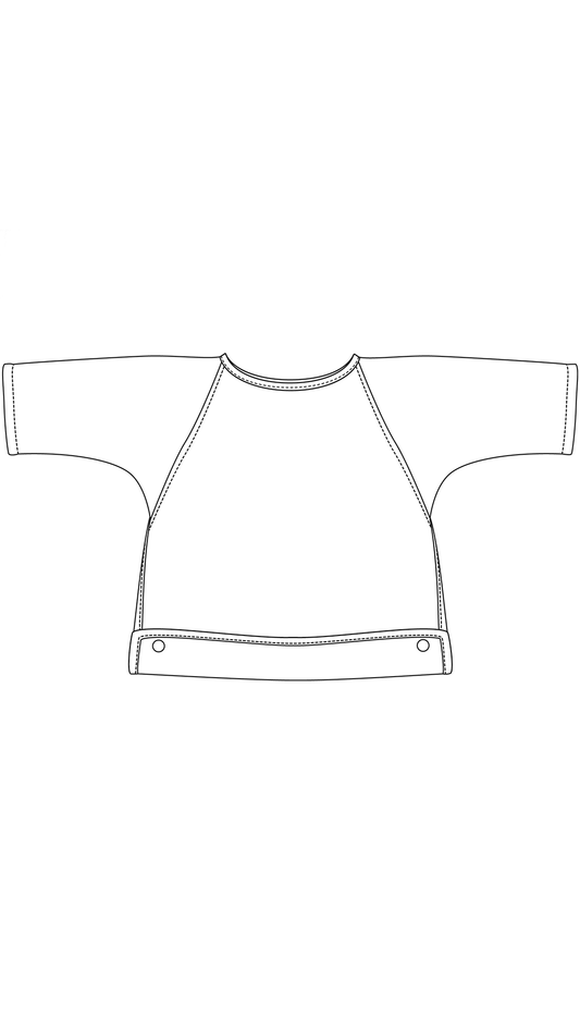 Croquis d'un tablier pour enfants, modèle PDF avec rabat pour retenir miettes, tailles 0 à 3 ans, idéal pour repas et activités.