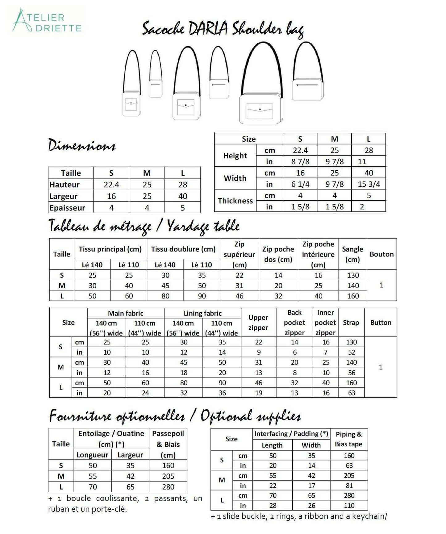Patron de couture pdf à télécharger pour DARLA - La sacoche à bandoulière tailles S, M et L avec détails dimensionnels et fournitures.