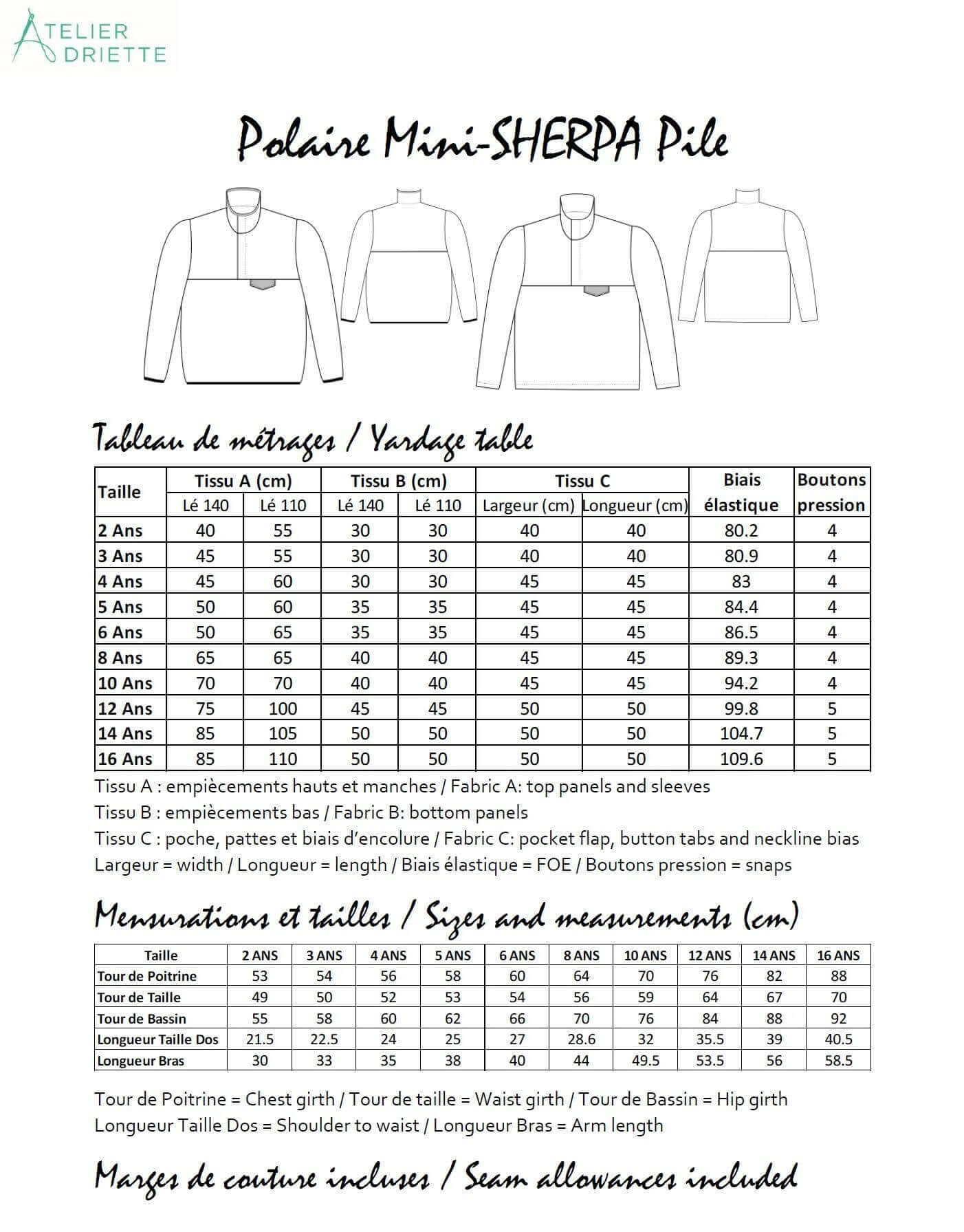 Guide des tailles et métrages pour le patron de couture pdf à télécharger "Duo SHERPA - Polaire mixte pour adultes et enfants".