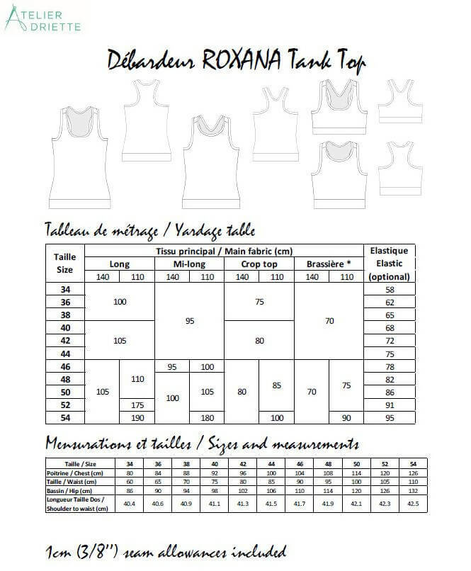 ROXANA - Débardeur pour femmes du 34 au 54, patron de couture pdf à télécharger, tableau de tailles et variations de longueur.