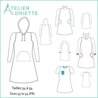 Patron de couture pdf à télécharger pour Robe Sweat MILA pour femmes du 34 au 54, options encolure et manches, Atelier Driette