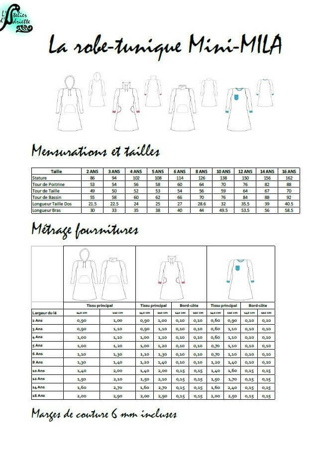 Patron de couture PDF à télécharger pour Robe Sweat Mini-MILA pour filles du 2 au 16 Ans avec options d'encolure et poches.