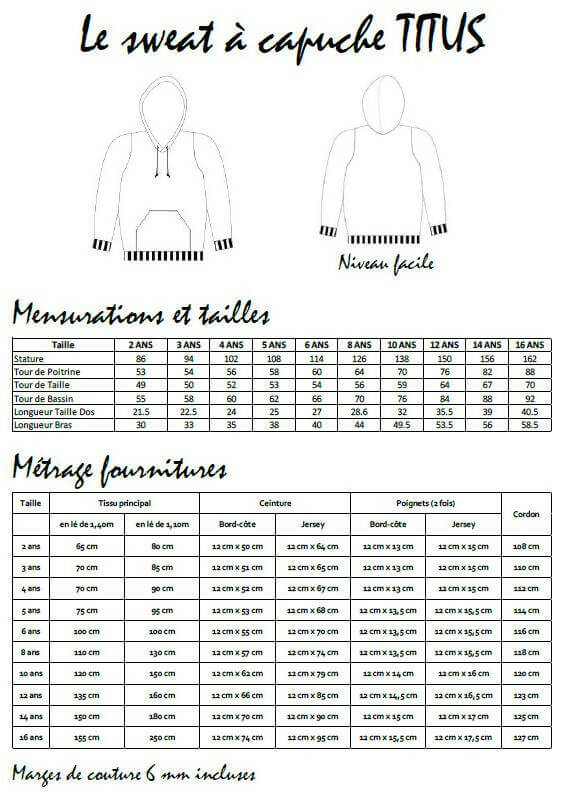 Guide des tailles et métrage pour Sweat TITUS du 2 au 16 Ans, patron de couture pdf à télécharger, avec capuche et poche kangourou.